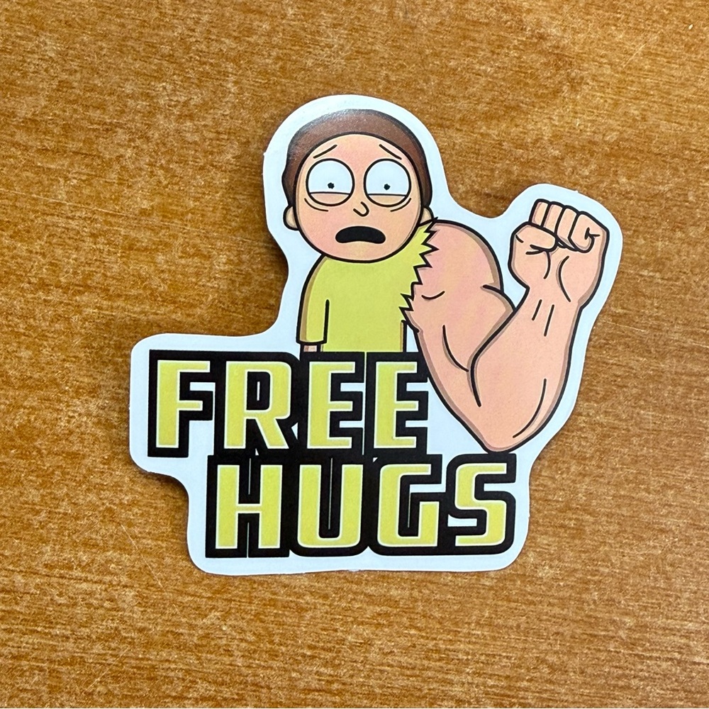 Free Hugs Morty Sticker - Yellow & Flesh Tone Graphic